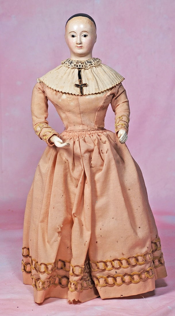 FRENCH PAPER MACHE LADY DOLL.  17”.  Paper mache shoulderhead with painted black pate, inset (1 of 2)