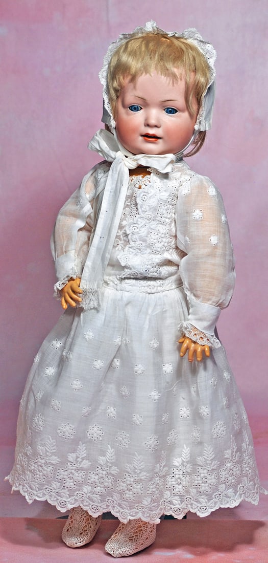 GERMAN BISQUE CHARACTER CHILD BY BAHR AND PROSCHILD. 16”. Marks: 585. Bisque socket head,: GERMAN BISQUE CHARACTER CHILD BY BAHR AND PROSCHILD. 16”. Marks: 585. Bisque socket head, blue sleep eyes, painted lashes, feathered brows, open/closed mouth with modeled tongue and tiny upper t