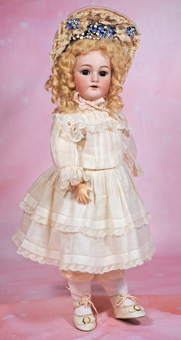 GERMAN BISQUE CHILD BY HANDWERCK. 14”. Marks: 79 Germany Handwerck. Bisque socket head,: GERMAN BISQUE CHILD BY HANDWERCK. 14”. Marks: 79 Germany Handwerck. Bisque socket head, brown sleep eyes, painted and applied lashes, feathered brows, open mouth, accented lips, upper teeth, pie