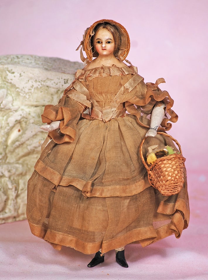 GERMAN WAX-OVER PAPER MACHE LADY WITH WOODEN ARTICULATED BODY AND ORIGINAL COSTUME.  7 ½” (1 of 1)
