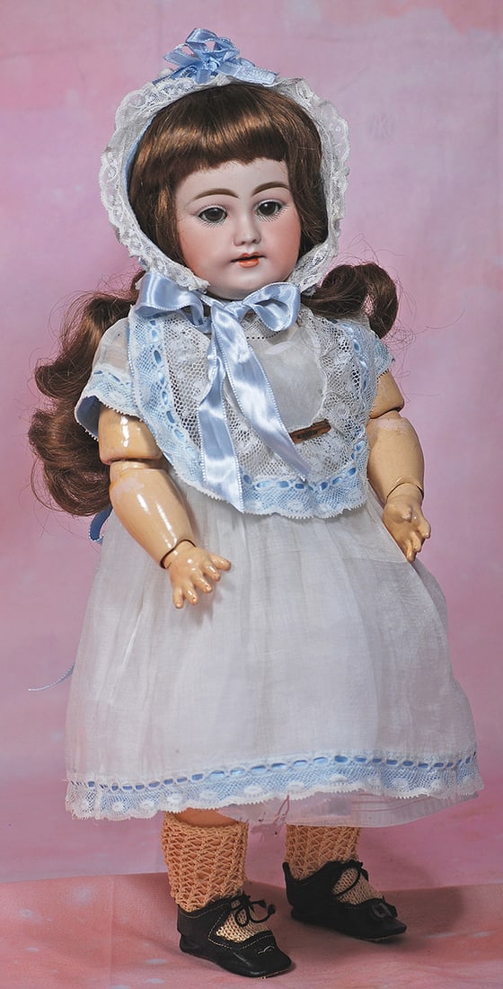 GERMAN BISQUE DOLL BY SIMON AND HALBIG.: GERMAN BISQUE DOLL BY SIMON AND HALBIG. 16”. Marks: S & H 1009 Dep. Bisque socket head, brown sleep eyes, painted lashes, eyeliner, feathered brows, pierced ears, open mouth, shaded and accented