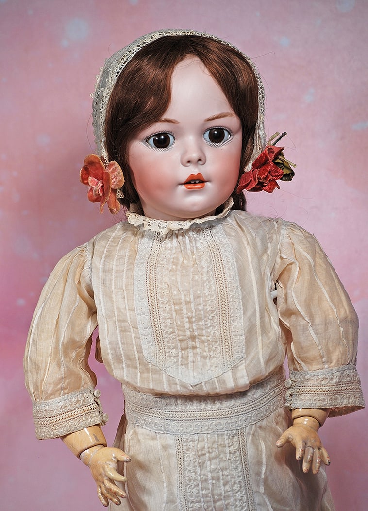 GERMAN BISQUE DOLL, MODEL 1279, BY SIMON AND HALBIG. 28”. Marks: S & H 1279 Dep Germany 13: GERMAN BISQUE DOLL, MODEL 1279, BY SIMON AND HALBIG. 28”. Marks: S & H 1279 Dep Germany 13 ½. Bisque socket head, large brown sleep eyes, painted lashes, eyeliner, molded and feathered brow