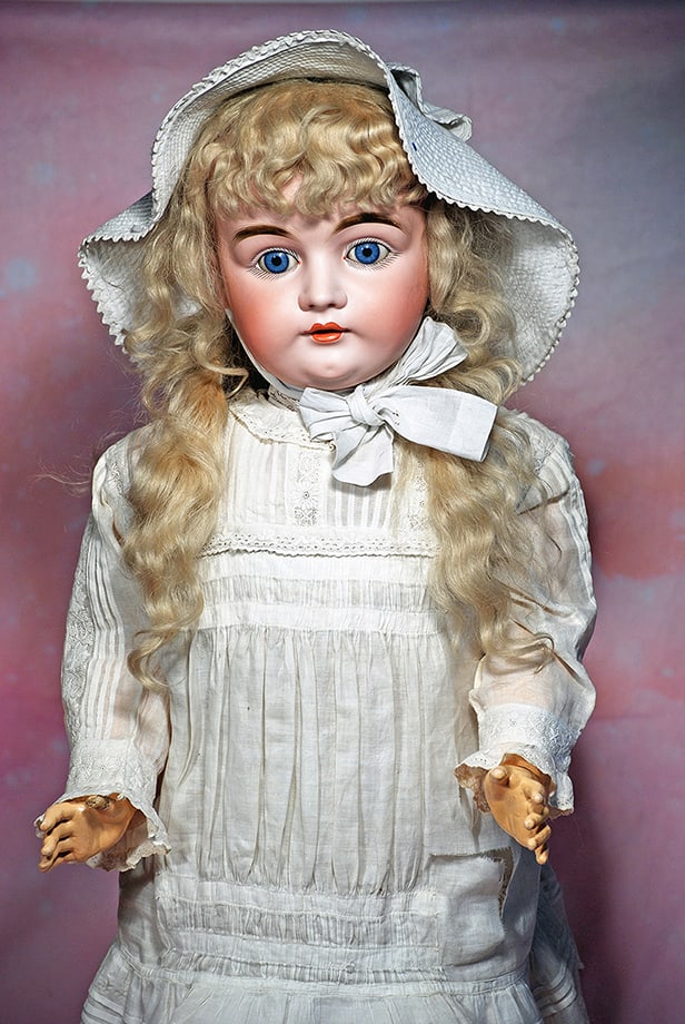 LOVELY GERMAN BISQUE CHILD BY KESTNER.: LOVELY GERMAN BISQUE CHILD BY KESTNER. 32”. Marks: N. made in Germany 14. Bisque socket head, blue sleep eyes, painted lashes, eyeliner, feathered and brushstroked brows, open mouth, accented an
