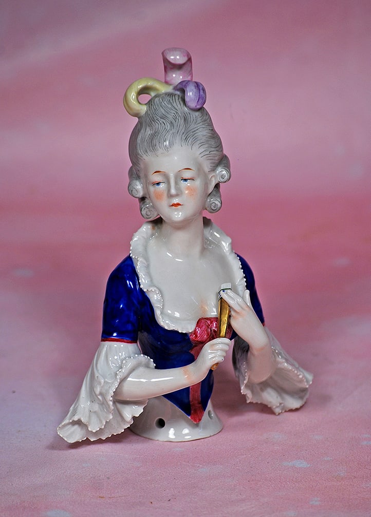 ELEGANT GERMAN PORCELAIN HALF DOLL.  6 ¾”.  Marks: 705.  Waist-up porcelain half doll (1 of 1)