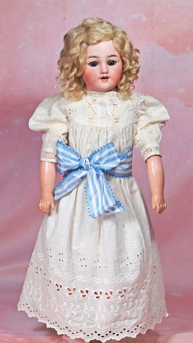 GERMAN BISQUE DOLL, 1250, BY SIMON AND HALBIG. 22”. Bisque shoulderhead, blue sleep eyes,: GERMAN BISQUE DOLL, 1250, BY SIMON AND HALBIG. 22”. Bisque shoulderhead, blue sleep eyes, painted lower lashes, feathered brows, pierced ears, open mouth, upper teeth, accented lips with additio