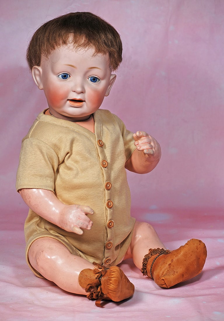 LARGE GERMAN BISQUE BABY, 211, BY KESTNER. 23”. Marks: Q made in Germany 18, JDK 211.: LARGE GERMAN BISQUE BABY, 211, BY KESTNER. 23”. Marks: Q made in Germany 18, JDK 211. Bisque socket head, blue sleep eyes, painted lashes, feathered brows, open mouth, accented lips, tongue, two