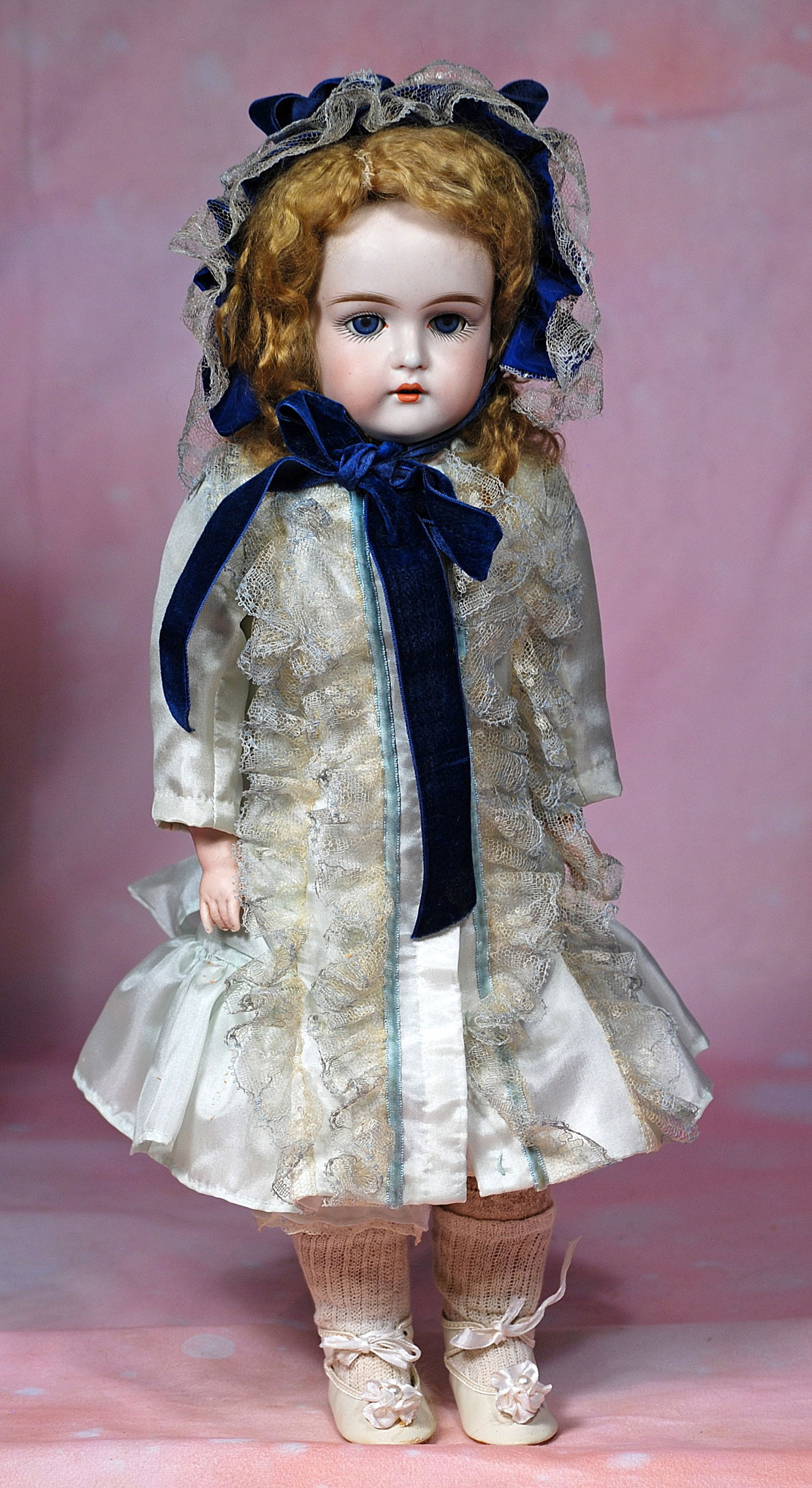 GERMAN BISQUE DOLL, 148, BY KESTNER.: GERMAN BISQUE DOLL, 148, BY KESTNER. 16”. Marks: 148/ 7 ½. Bisque shoulderhead, blue sleep eyes, painted lashes, feathered brows, open mouth, accented lips, upper teeth, un-pierced ears,