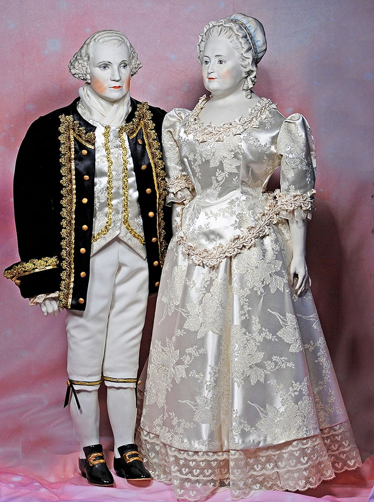 LARGE PORTRAIT DOLLS OF GEORGE AND MARTHA WASHINGTON BY EMMA CLEAR. 28”.  Marks: C (1 of 1)