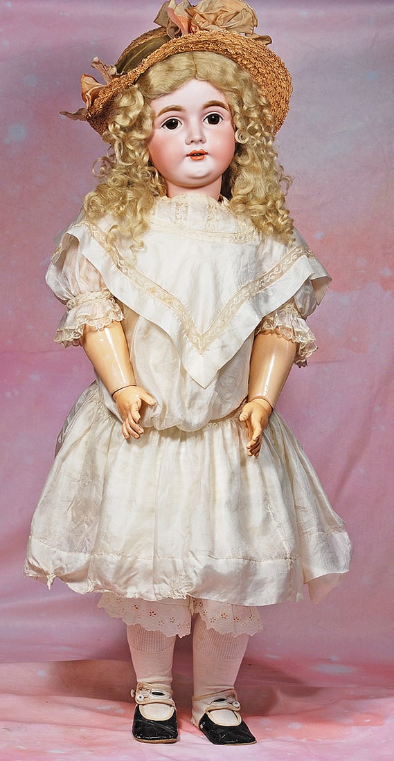 GRAND SIZE GERMAN BISQUE DOLL BY KESTNER.: GRAND SIZE GERMAN BISQUE DOLL BY KESTNER. 32”. Marks: made in Germany 164. Bisque socket head, stationary brown glass eyes, painted lashes and applied upper lashes, feathered brows, open mouth,
