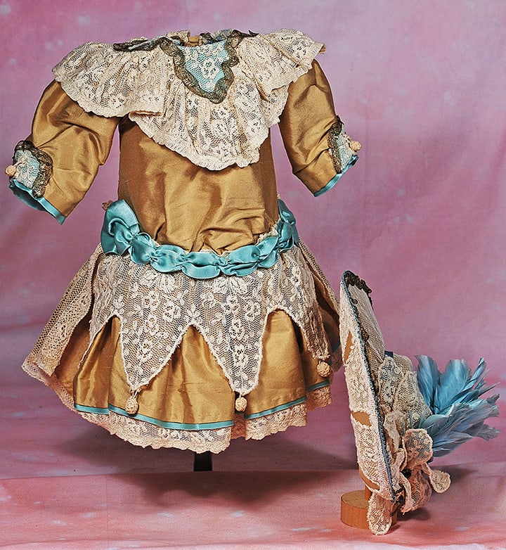 FRENCH STYLE BEBE DRESS AND BONNET.  Amber silk frock has dropped waist, three-quarter length (1 of 1)