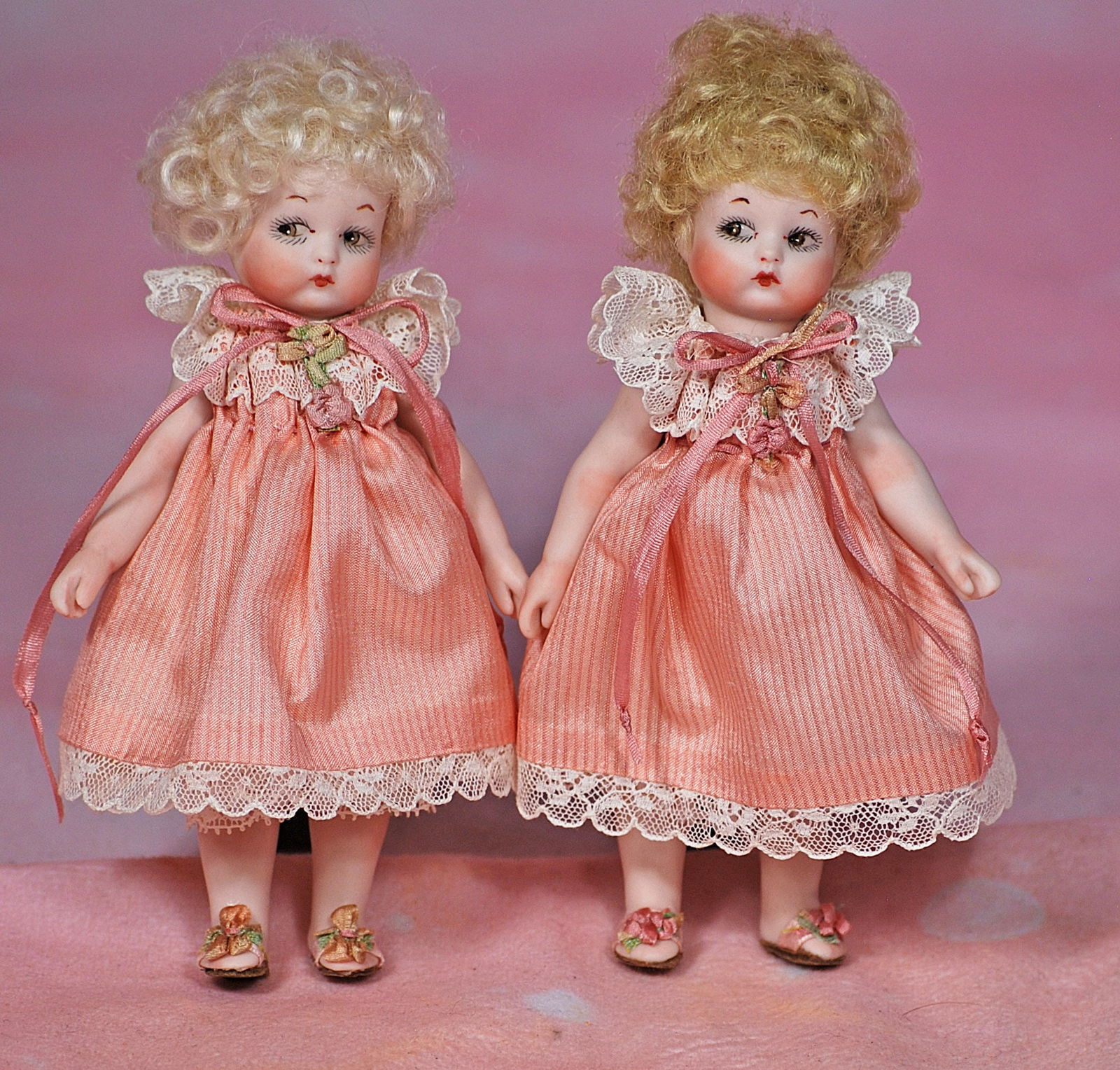 PAIR OF TINY ALL-BISQUE 'JUST ME"; DOLLS BY CATHY HANSEN. (1 of 1)