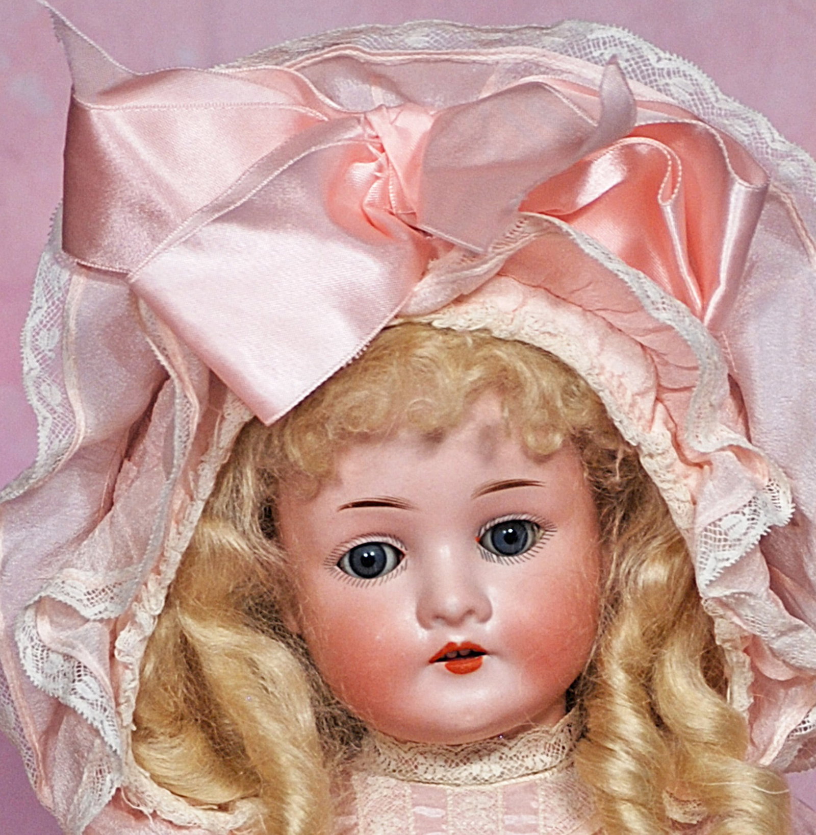 GERMAN BISQUE DOLL BY C.M. BERGMANN: 8. GERMAN BISQUE DOLL BY C.M. BERGMANN. 16”. Marks: C.M. Bergmann Walterhausen 1916. Bisque socket head, blue sleep eyes, painted lashes, tapered brows, open mouth, upper teeth, blonde mohair wi