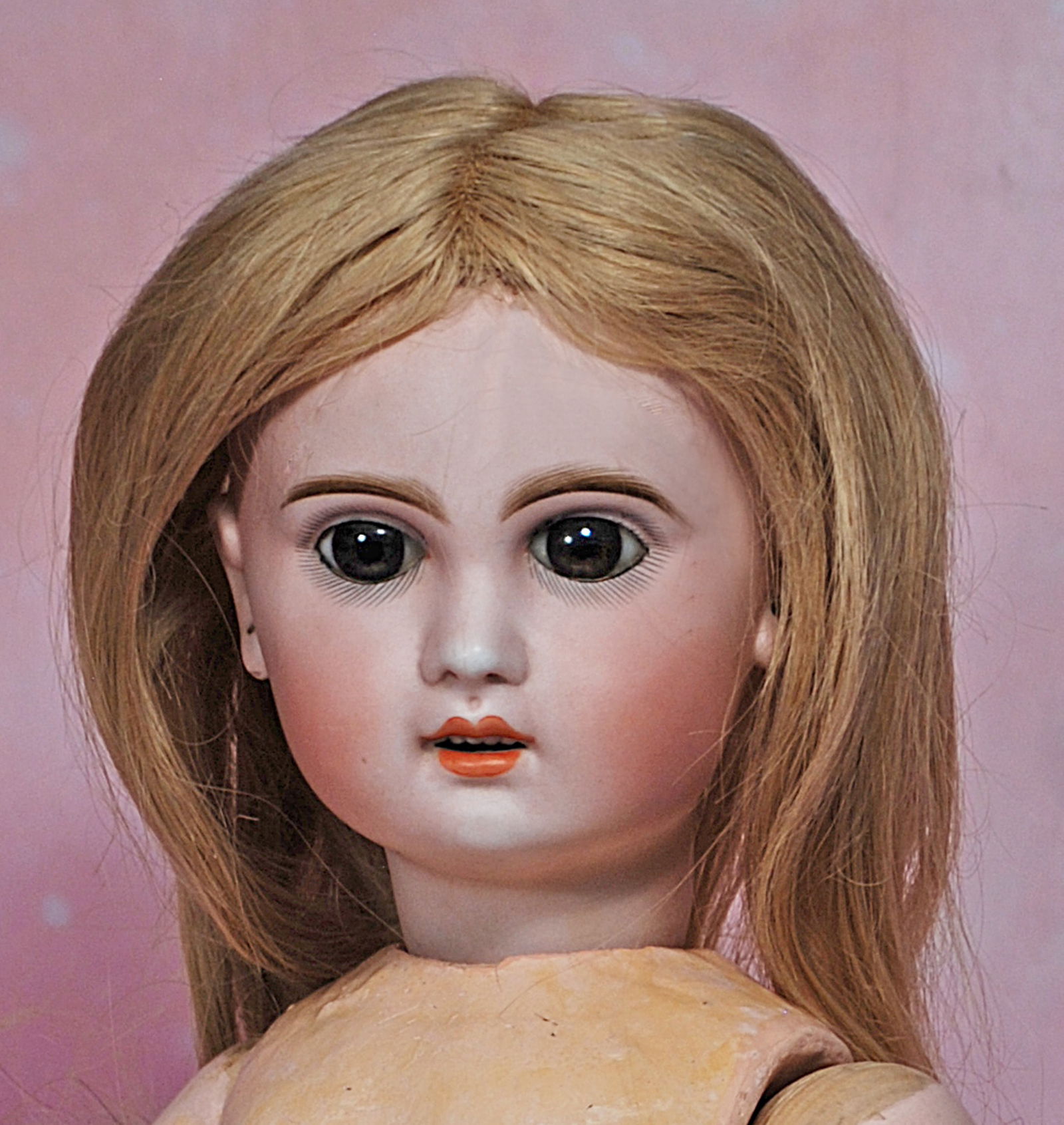 FRENCH BISQUE BEBE BY JUMEAU.: 13. FRENCH BISQUE BEBE BY JUMEAU. 23”. Marks: 10. Bisque socket head, brown paperweight eyes, painted lashes, eyeliner, feathered brows, pierced ears, open mouth, accented lips, upper teeth, blo
