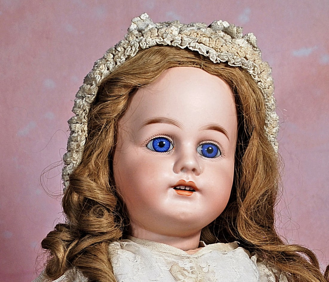 BISQUE CHILD MON TRESOR BY HENRI ROSTAL: 27. BISQUE CHILD MON TRESOR BY HENRI ROSTAL. 24”. Marks: Mon Tresor 13 Germany. Bisque socket head, stationary blue glass eyes, painted lashes, feathered brows, pierced ears, open mouth, accente