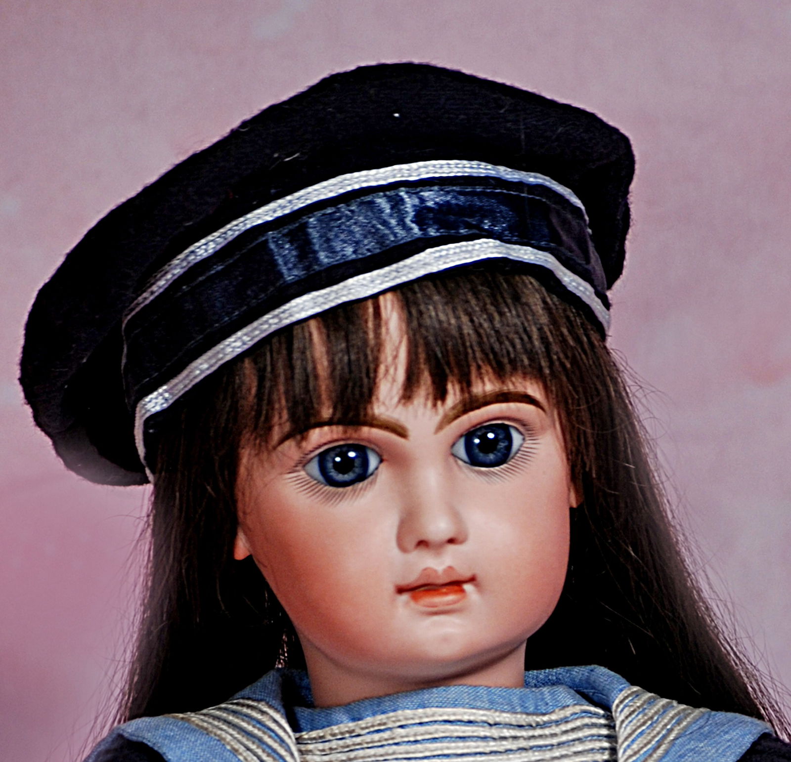 FRENCH BISQUE BEBE BY JUMEAU.: 34-A. FRENCH BISQUE BEBE BY JUMEAU. 19”. Marks: Depose Tete Jumeau 8. Bisque socket head, blue paperweight eyes, painted lashes, feathered brows, eyeliner, mauve eye shadow, pierced ears, closed