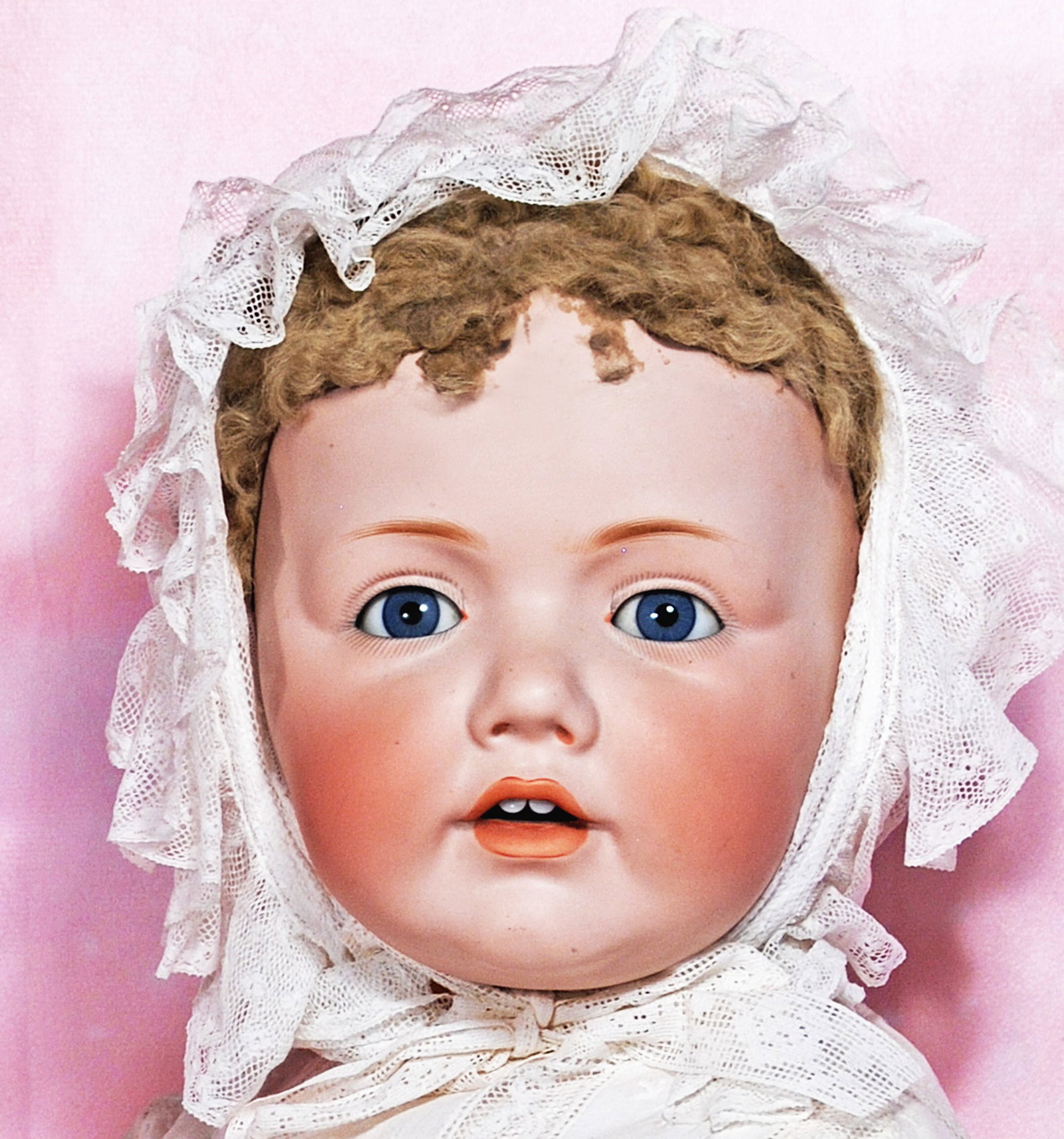 LIFE-SIZE GERMAN BIQUE HILDA BABY BY KESTNER: 41. LIFE-SIZE GERMAN BIQUE HILDA BABY BY KESTNER. 25”. Marks: made in Germany JDK 257. Bisque socket head, blue sleep eyes, painted lashes, eyeliner, feathered brows, open mouth, accented lips, 