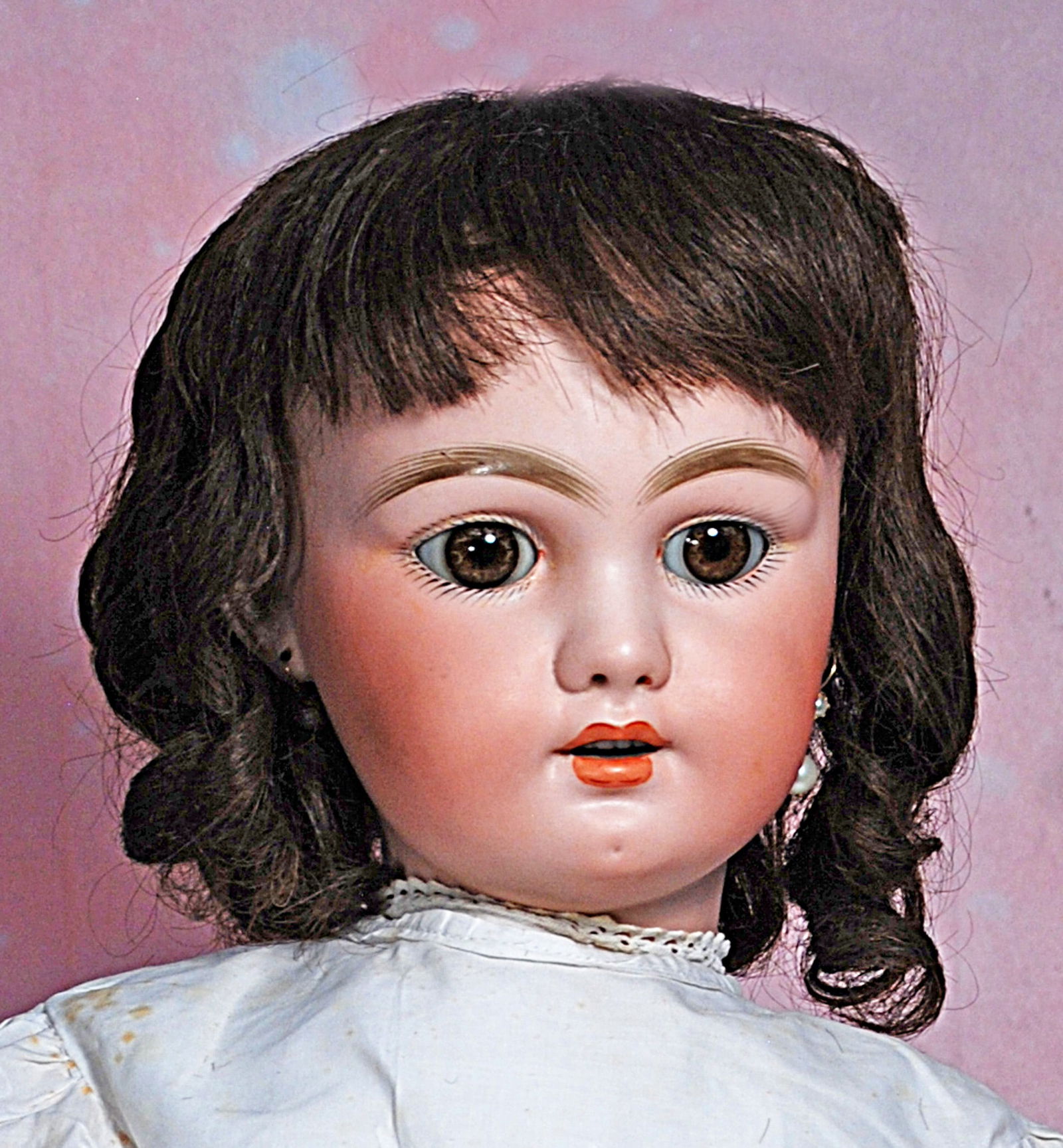 FRENCH BISQUE DEP BEBE: 87.FRENCH BISQUE DEP BEBE. 27”. Marks: DEP 12. Bisque socket head, brown paperweight eyes, painted lashes, eyeliner, feathered brows, pierced ears, open mouth, accented lips, upper teeth, French