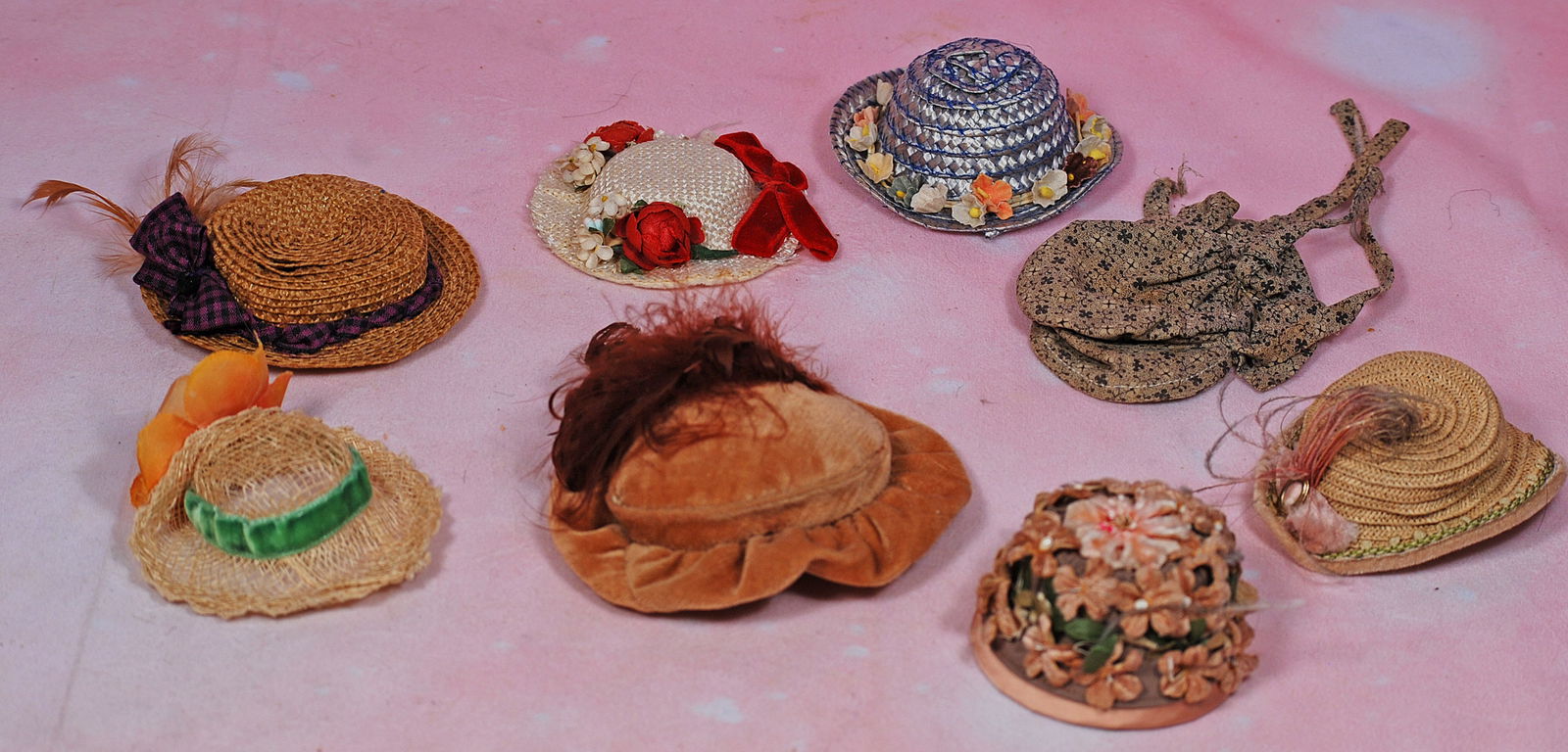 EIGHT SMALL DOLL BONNETS.  Straw (1 of 1)
