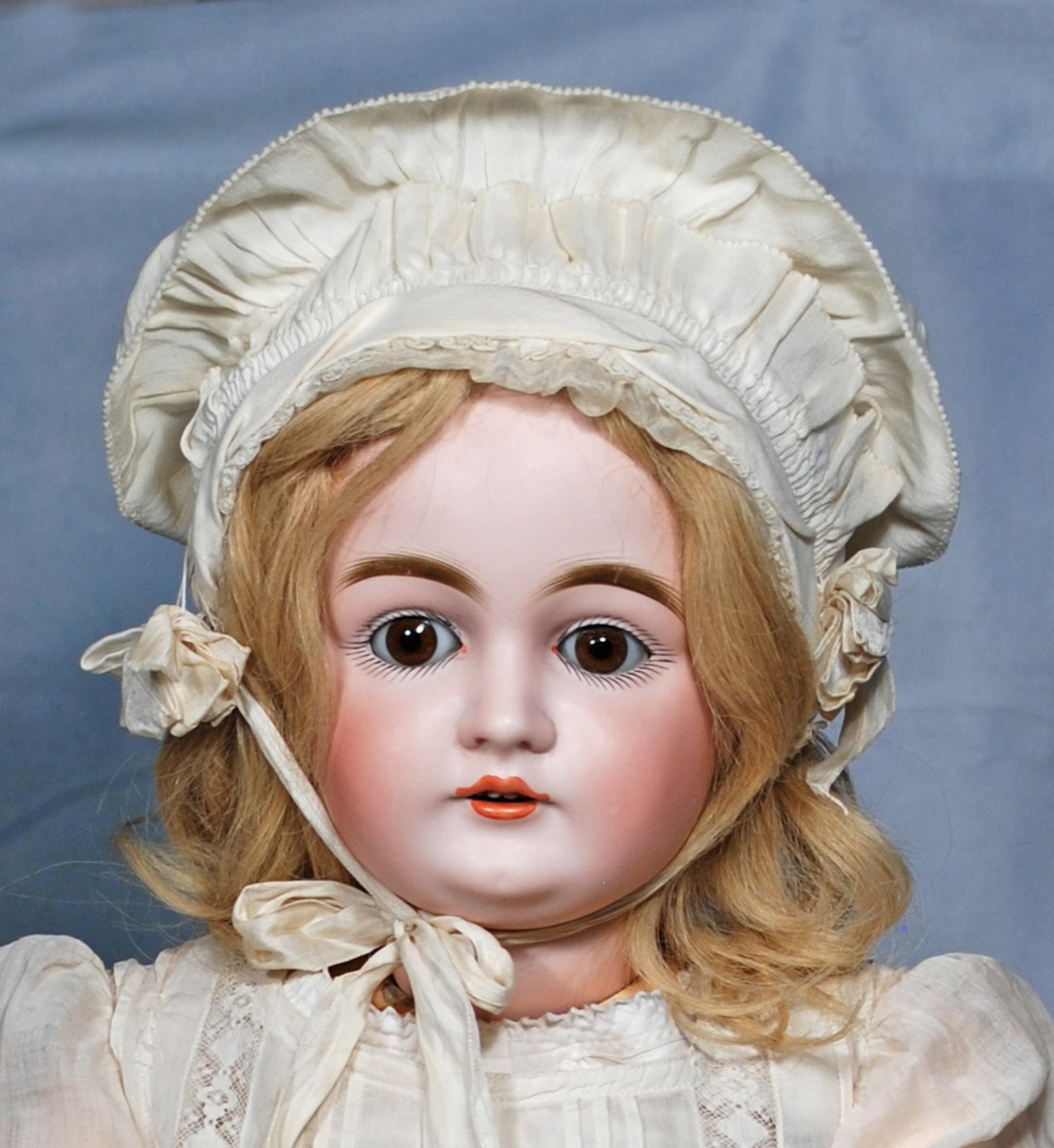 GERMAN BISQUE CHILD BY KESTNER.: 110. GERMAN BISQUE CHILD BY KESTNER. 28’. Marks: L. made in Germany 15. Bisque socket head, brown sleep eyes, painted lashes, feathered brows, open mouth, accented lips, upper teeth, plaster pate, b