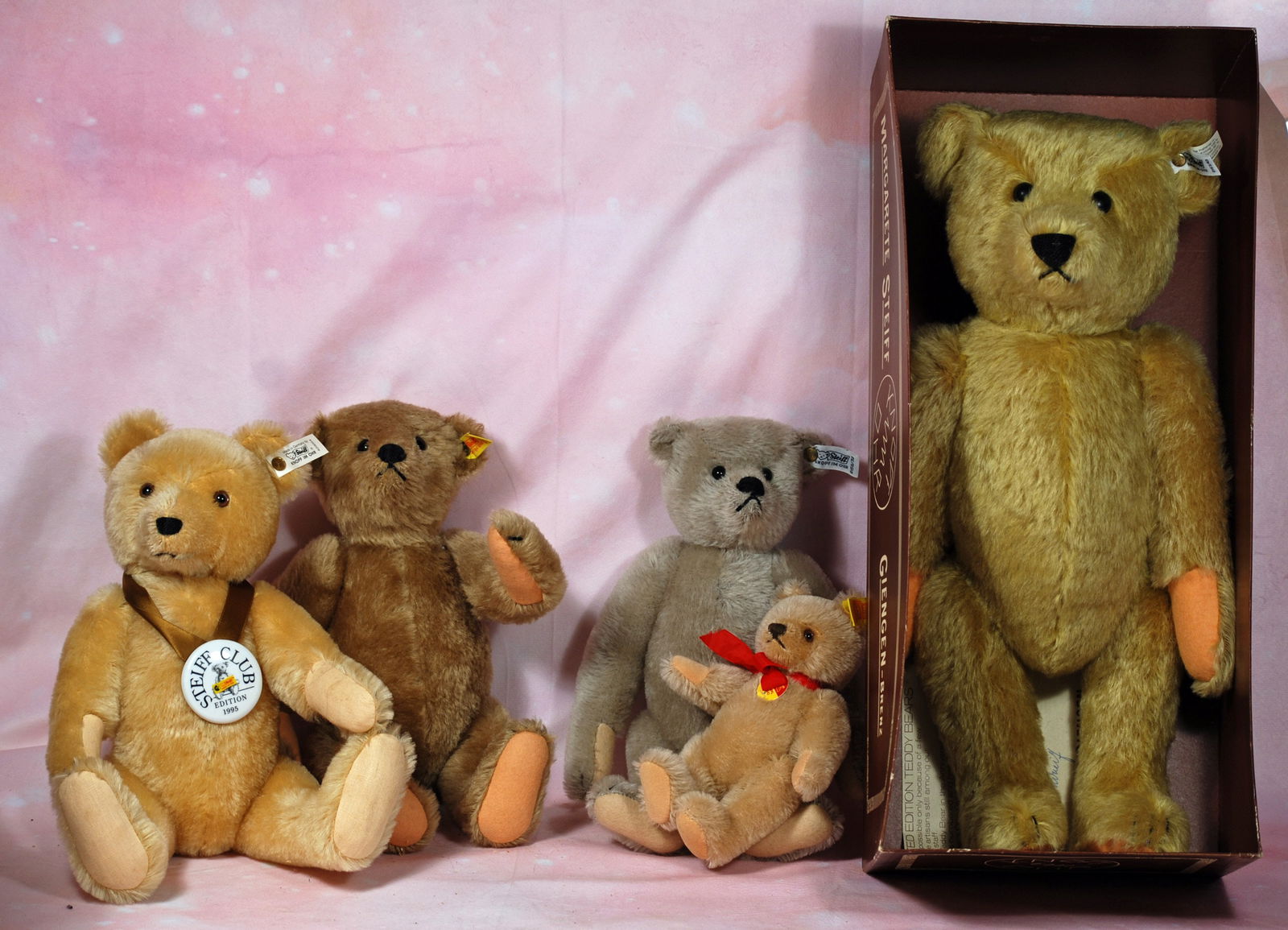 FIVE STEIFF MOHAIR TEDDY BEARS. (1 of 1)
