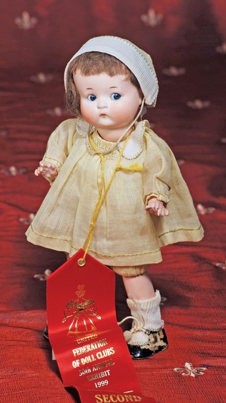 ALL-ORIGINAL “JUST ME” CHARACTER BY MARSEILLE. Mar: ALL-ORIGINAL “JUST ME” CHARACTER BY MARSEILLE. Marks: Just ME, registered Germany A 310 M. 9 ½”. Bisque socket head, blue side-glancing and sleep eyes, painted lashes, short tapered brows, tiny