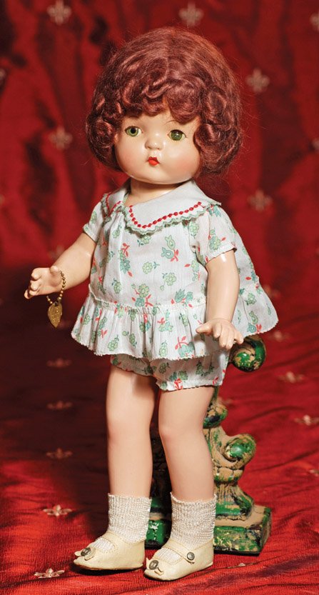 EFFANBEE ALL-ORIGINAL PATSY JOAN COMPOSITION DOLL.: EFFANBEE ALL-ORIGINAL PATSY JOAN COMPOSITION DOLL. Marks: Effanbee/Patsy Joan. 17”. Composition socket head, five-piece jointed composition body, dark auburn mohair wig in original set, green sleep