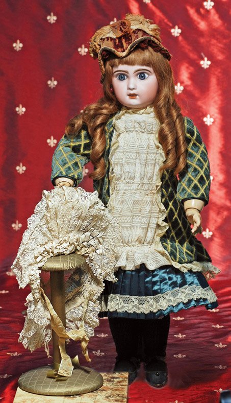 ANTIQUE FANCY LACE & SILK RIBBON FRENCH DOLL BONNE: ANTIQUE FANCY LACE & SILK RIBBON FRENCH DOLL BONNET. Sized to fit approximately 12” head circumference. Constructed of Swiss embroidered lace and tulle with 4 ¼” high graduated brim consisting of