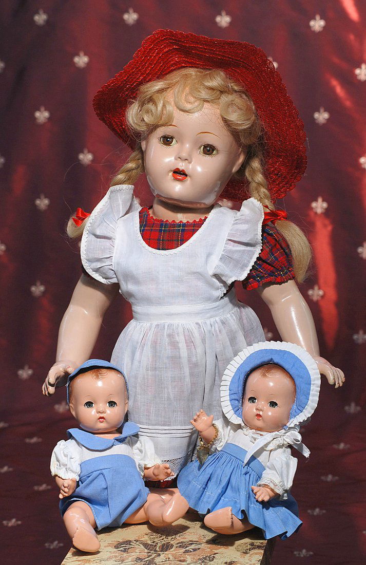 EFFANBEE “BABY PATSYETTE” COMPOSITION TWINS. Mark: EFFANBEE “BABY PATSYETTE” COMPOSITION TWINS. Marks: Effanbee, Patsyette Baby. 9”. Each has composition socket head and five-piece bent-limb body, molded and painted brown hair, brown sleep eyes,