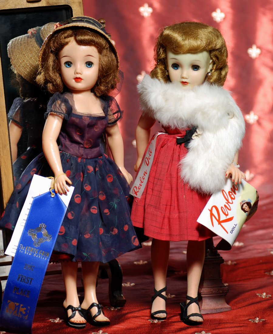 TWO “MISS REVLON” DOLLS BY IDEAL.: TWO “MISS REVLON” DOLLS BY IDEAL.285. 18”. Each has vinyl socket head on jointed vinyl body, rooted synthetic hair, sleep eyes, applied and painted lashes, closed mouth, dressed in original cost