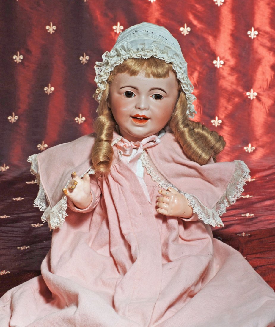 FRENCH BISQUE “LAUGHING JUMEAU” CHARACTER BABY.: FRENCH BISQUE “LAUGHING JUMEAU” CHARACTER BABY. Marks: SFBJ 236 Paris. 20”. Bisque socket head, brown sleep eyes, painted lower lashes, feathered brows, open/closed mouth, molded teeth and tongu