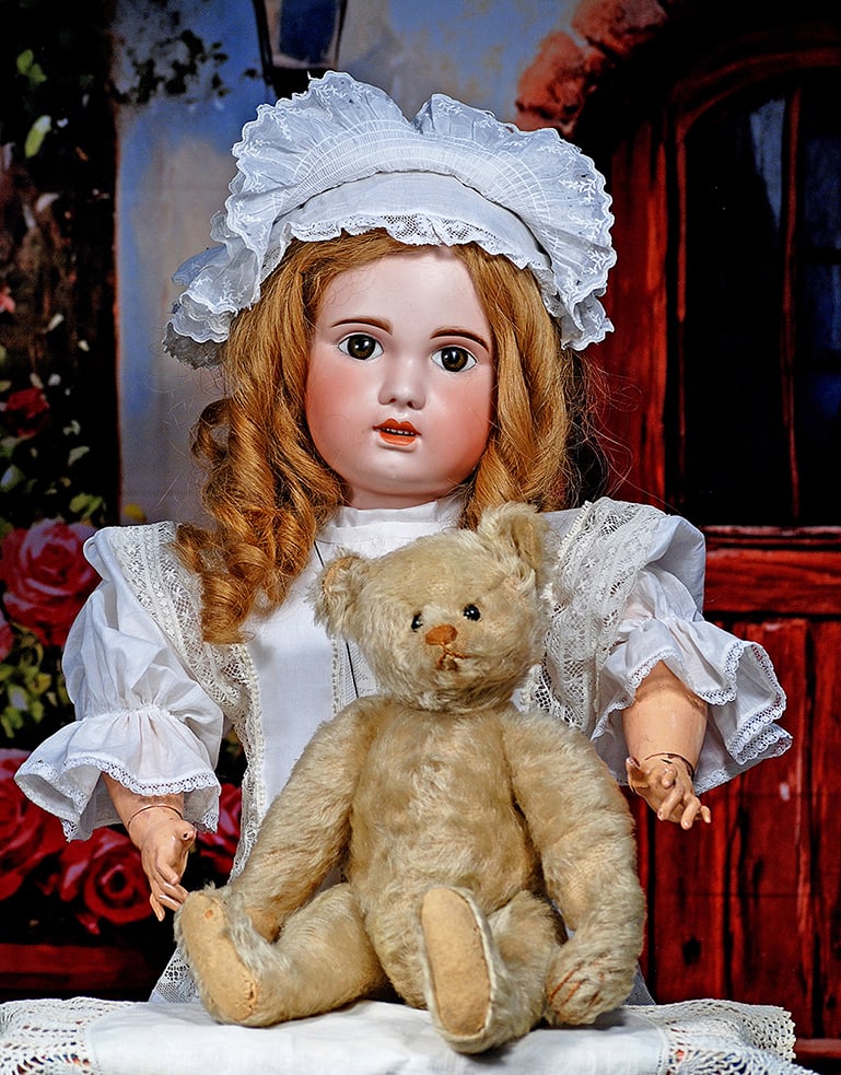 LARGE FRENCH BISQUE BEBE BY EMILE JUMEAU: LARGE FRENCH BISQUE BEBE BY EMILE JUMEAU. 30”. Marks: 14. Bisque socket head, brown paperweight eyes, painted lashes, eyeliner, feathered brows, pierced ears, open mouth, shaded and accented lip