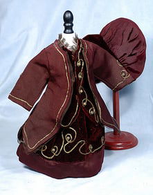 MAROON SILK AND VELVET DOLL DRESS AND BONNET