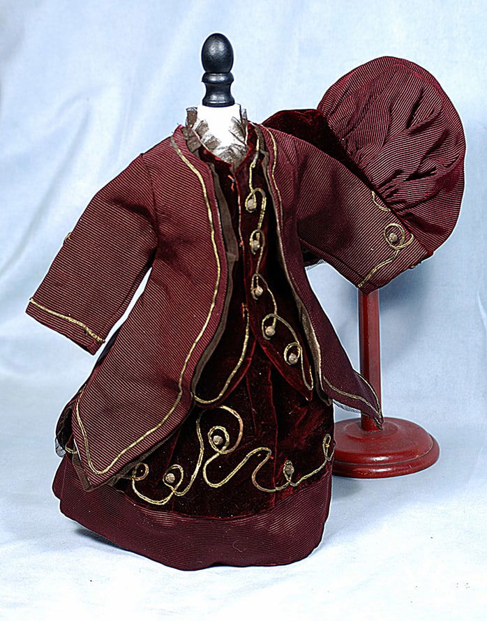 MAROON SILK AND VELVET DOLL DRESS AND BONNET (1 of 1)
