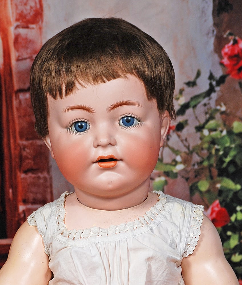 LARGE GERMAN BISQUE CHARACTER BABY BY KAMMER AND REINHARDT: LARGE GERMAN BISQUE CHARACTER BABY BY KAMMER AND REINHARDT. 29”. Marks: K * R , Simon and Halbig 128. Bisque socket head, blue sleep eyes, painted lashes, eyeliner, feathered brows, open mouth,