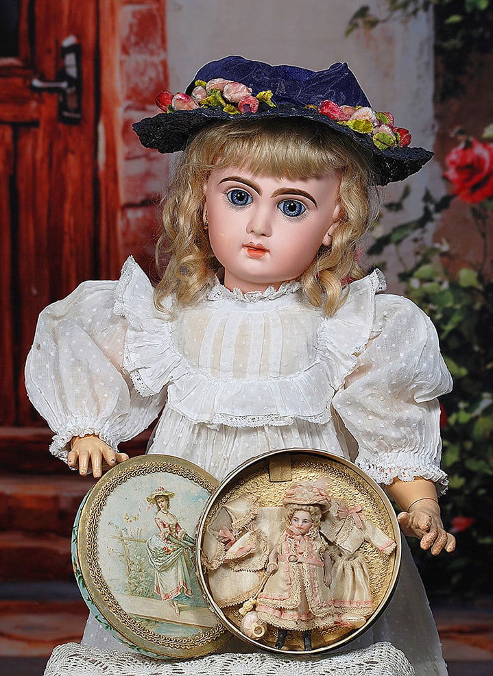 FRENCH BISQUE BEBE BY JUMEAU: FRENCH BISQUE BEBE BY JUMEAU. 19”. Marks: Depose Tete Jumeau Bte SGDG 8. Bisque socket head, blue paperweight eyes, painted lashes, dark eyeliner, feathered brows, pierced ears, closed mouth, sh