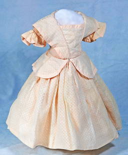PALE PINK GOWN FOR FRENCH POUPEE: PALE PINK GOWN FOR FRENCH POUPEE. Of dainty pink semi-sheer fabric over cotton underlining, featuring a square neckline with wide tapered lappets, short ruffled sleeves, gathered full skirt with peplu