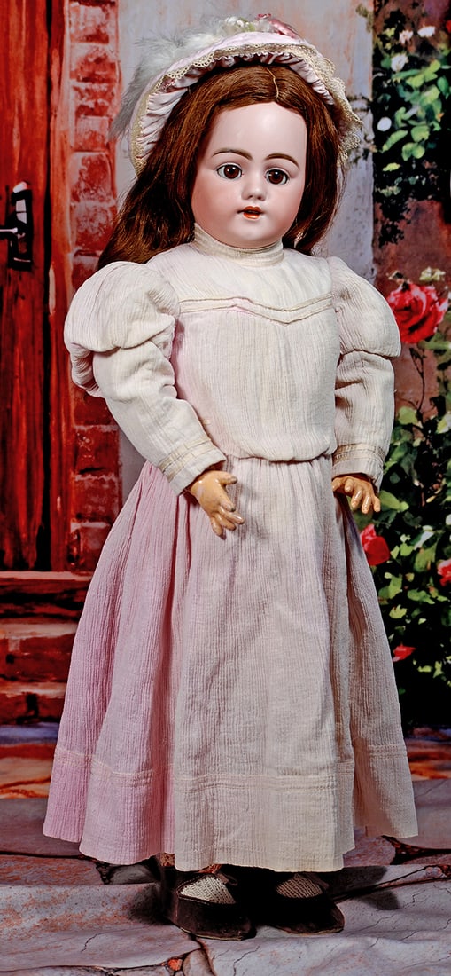 GERMAN BISQUE DOLL, 1009, BY SIMON AND HALBIG: GERMAN BISQUE DOLL, 1009, BY SIMON AND HALBIG. 28”. Marks: S 12 H Dep 1009. Bisque socket head, brown sleep eyes, painted lashes, eyeliner, feathered brows, pierced ears, open mouth, accented li