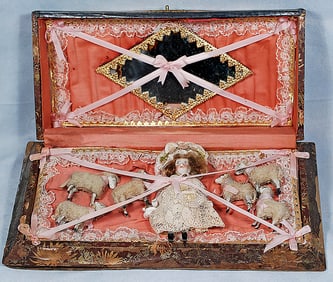 GERMAN BISQUE DOLL AS SHEPERDESS IN PRESENTATION CASE
