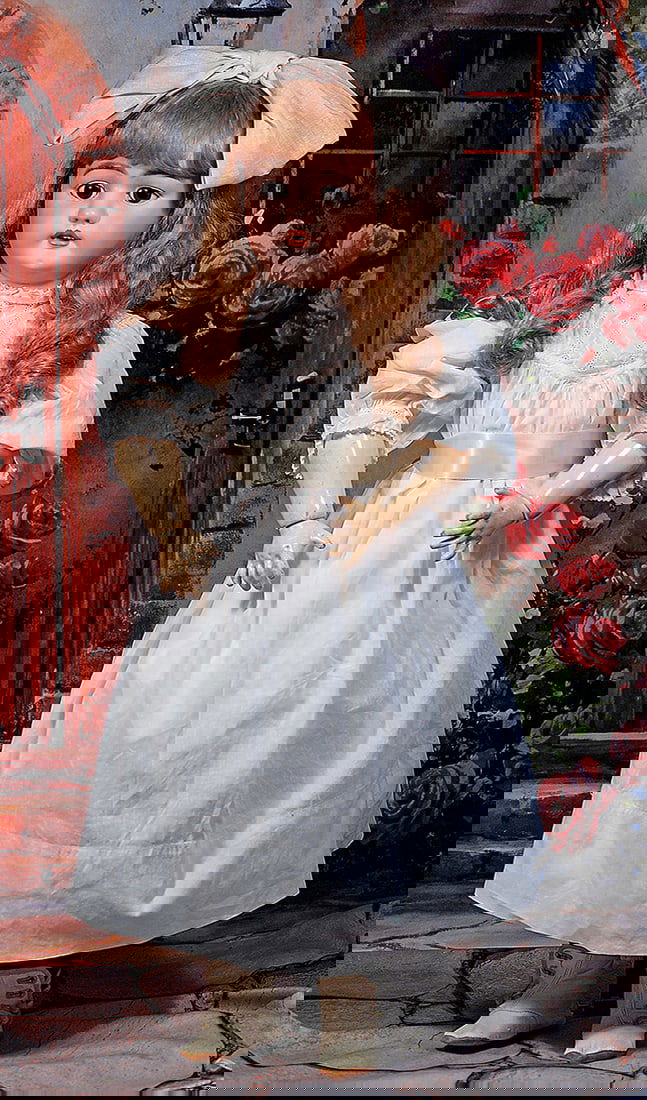 LARGE GERMAN BISQUE CHILD BY SIMON AND HALBIG: LARGE GERMAN BISQUE CHILD BY SIMON AND HALBIG. 32”. Marks: S & H 1079. Bisque socket head, brown sleep eyes, painted lashes, eyeliner, feathered brows, pierced ears, open mouth, accented lips, u