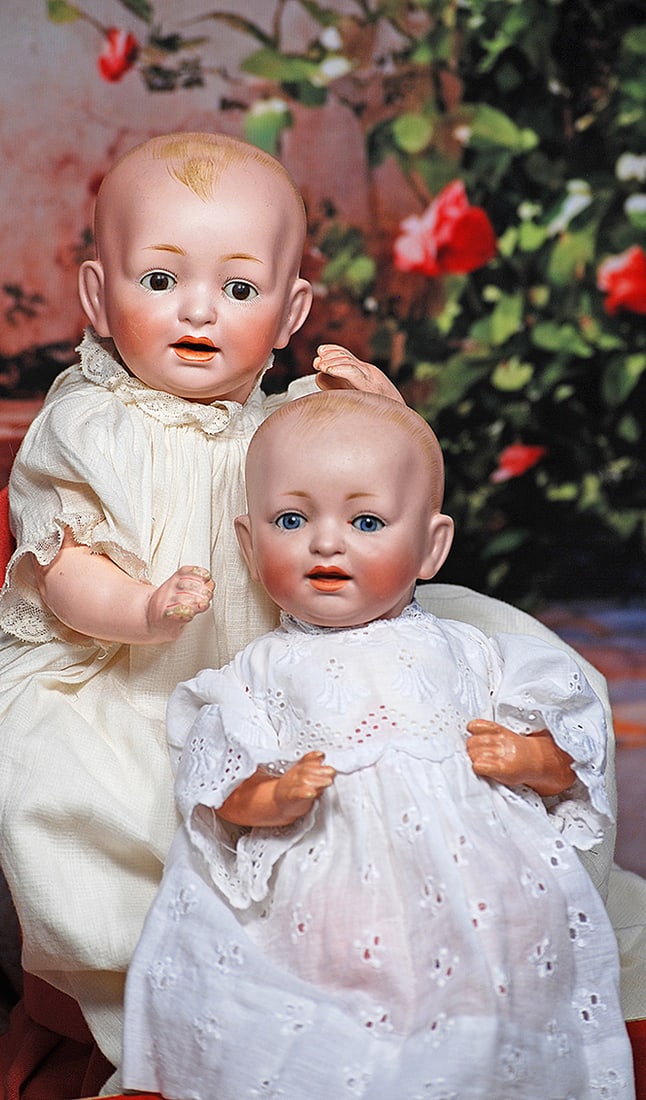 TWO KESTNER J: TWO KESTNER J.D.K. BISQUE CHARACTER BABIES. Each is solid-dome bisque socket head, painted baby hair, glass sleep eyes, painted lashes, feathered brows, composition bent-limb baby body. 13” doll