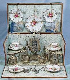ANTIQUE “MON PETIT DE JEUNER” PORCELAIN AND SILVER TEA SERVICE IN ORIGINAL BOX