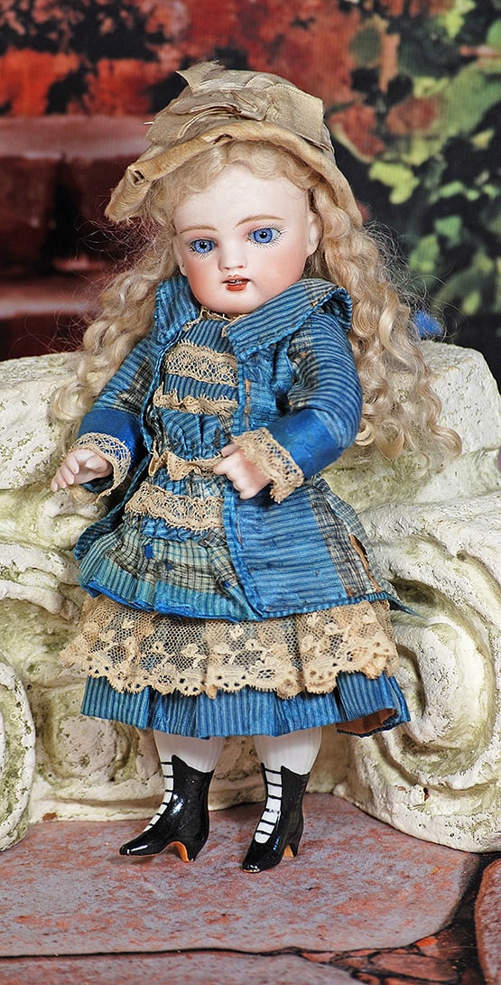 LARGE GERMAN ALL-BISQUE MODEL 102 BY KESTNER: LARGE GERMAN ALL-BISQUE MODEL 102 BY KESTNER. 8 ½”. Marks: 102. Bisque socket head, stationary blue glass eyes, painted lashes, rose-blushed eye shadow, feathered brows, open mouth, accente