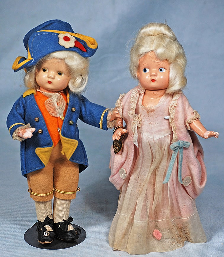 EFFANBEE PATSYETTE DOLLS AS GEORGE AND MARTHA WASHINGTON: EFFANBEE PATSYETTE DOLLS AS GEORGE AND MARTHA WASHINGTON. 9”. Composition socket head on five-piece jointed body, painted features, original wigs and costumes, Martha has Effanbee heart bracelet