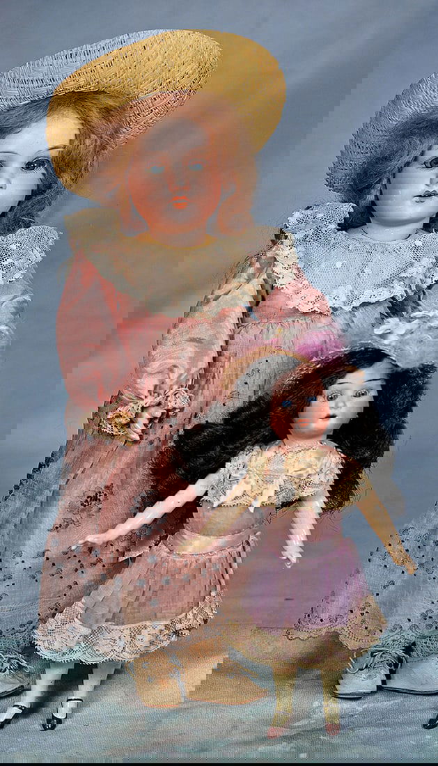 TWO GERMAN BISQUE DOLLS: TWO GERMAN BISQUE DOLLS. 8” bisque socket head doll marked Heubach Kopplesdorf 250, blue sleep eyes, open mouth, synthetic wig, composition five-piece jointed body, painted shoes and stockings,