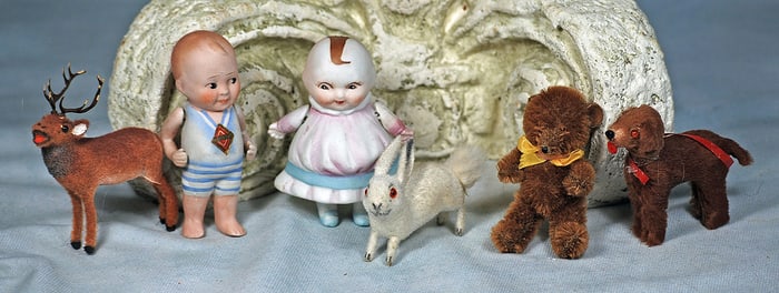 GERMAN ALL-BISQUE DOLL AND HAPPIFATS GIRL PLUS ASSORTED MINIATURE ANIMALS