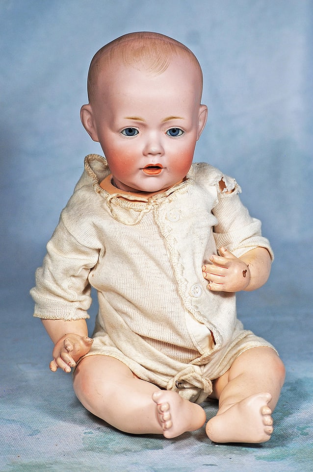 GERMAN BISQUE HILDA BABY BY KESTNER: GERMAN BISQUE HILDA BABY BY KESTNER. 15”. Marks: Hilda c. JDK Jr.1914 ges. Gesch. No. 1070 made in Germany. Solid dome bisque socket head, painted baby hair, blue sleep eyes, painted lashes, eye