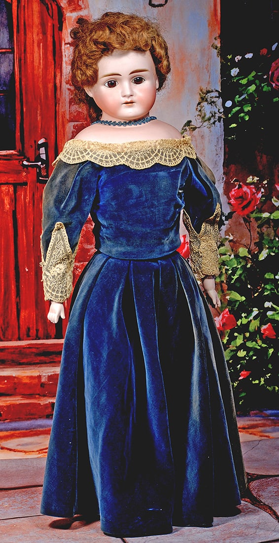 LARGE GERMAN BISQUE DOLL BY ALT, BECK & GOTTSCHLACK: LARGE GERMAN BISQUE DOLL BY ALT, BECK & GOTTSCHLACK. 29”. Marks: Made in Germany 1123. Bisque shoulderhead, stationary brown glass eyes, open mouth, upper teeth, mohair wig, cotton twill body wi