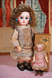 PRECIOUS SIZE 1, FRENCH BISQUE BEBE BY JUMEAU: PRECIOUS SIZE 1, FRENCH BISQUE BEBE BY JUMEAU. 9 &#189;&#8221;. Marks: Depose Tete Jumeau Bte SGDG 1. Bisque socket head, blue paperweight eyes, painted lashes, eyeliner, feathered brows, pierced ears