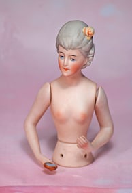 GERMAN BISQUE HALF DOLL WITH JOINTED ARMS