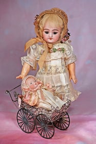 GERMAN ALL-BISQUE BYE-LO BABY IN FILIGREE CARRIAGE